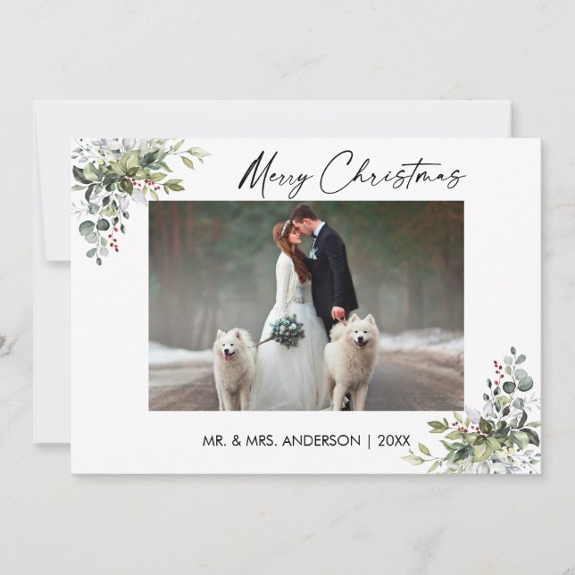 Calligraphy Ink Script Greenery Berries Couple Holiday Card (Front)