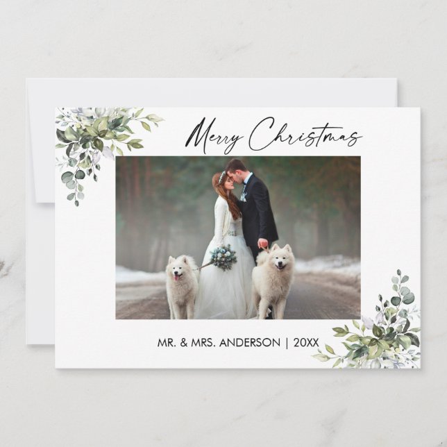 Calligraphy Ink Script Greenery Couple Christmas Holiday Card (Front)