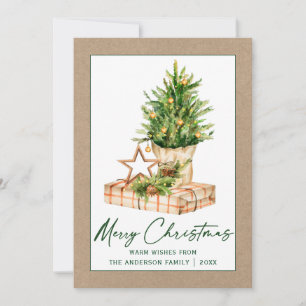 Calligraphy Ink Script Kraft Watercolor Pine Tree Holiday Card