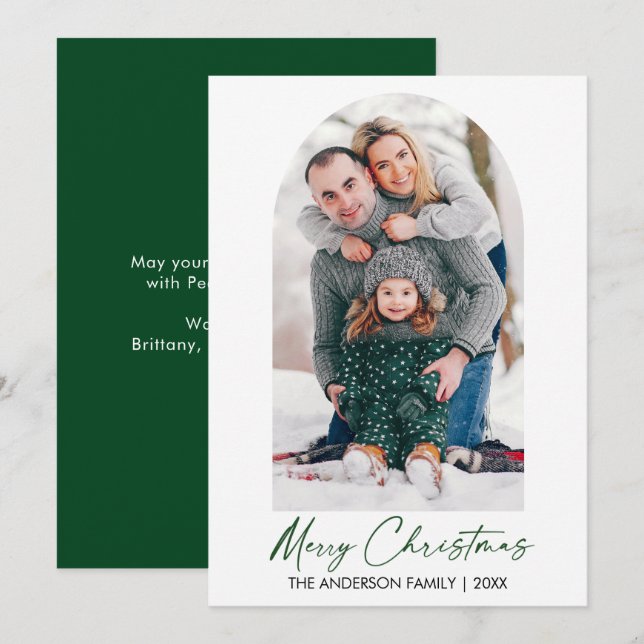 Calligraphy Ink Script Photo Arch Christmas Green Holiday Card (Front/Back)