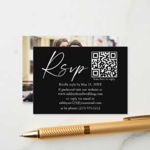 Calligraphy Ink Script QR Photo Wedding Black RSVP Enclosure Card