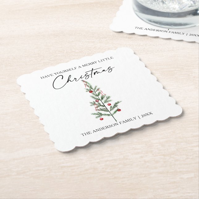 Calligraphy Ink Script Watercolor Christmas Tree Paper Coaster (Angled)