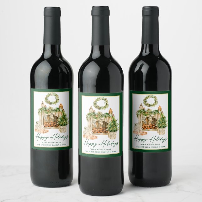 Calligraphy Ink Script Watercolor Holidays Green Wine Label (Bottles)
