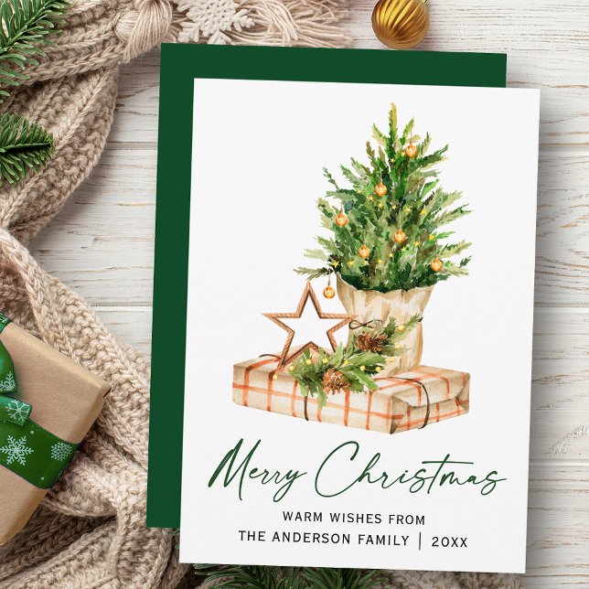 Calligraphy Ink Script Watercolor Pines Green Holiday Card (Customize to change your personalized text size, style or change color of back of card.)