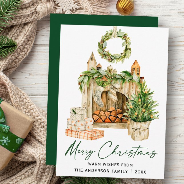 Calligraphy Ink Script Watercolor Pines Hearth Holiday Card (Customize to change your personalized text size, style or change color of back of card.)