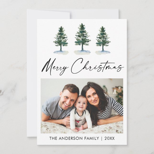 Calligraphy Ink Script Watercolor Pines Photo Holiday Card (Front)