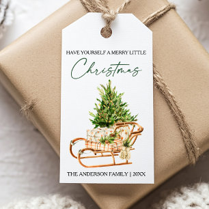 Calligraphy Ink Script Watercolor Pines Sleigh Gift Tags