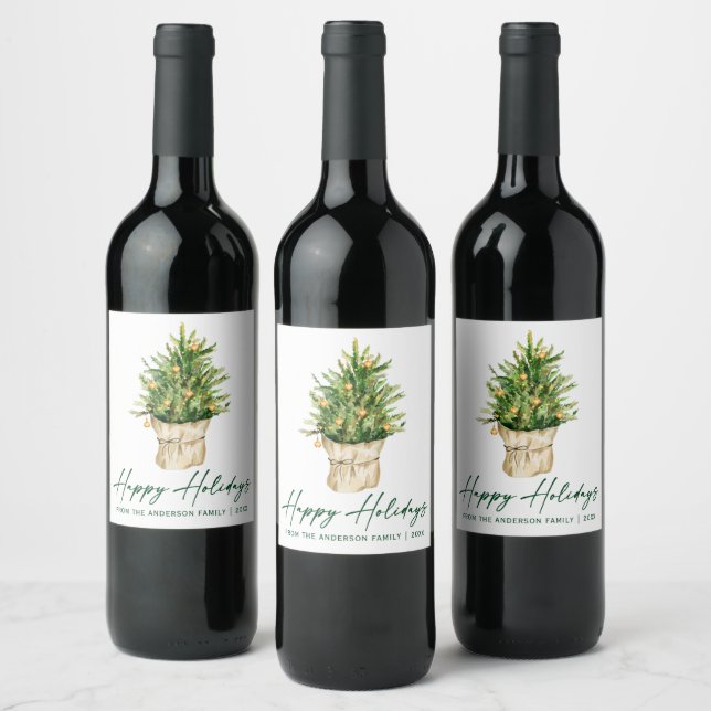 Calligraphy Ink Script Watercolor Tree Holiday Wine Label (Bottles)