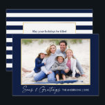 Calligraphy Ink Seas and Greetings Gold Blue Holiday Card<br><div class="desc">Modern Minimalist Elegance Calligraphy Ink Pen Handwritten Script Seas & Greetings Photo Gold Frame Holiday Card - Navy Blue & White Stripes</div>