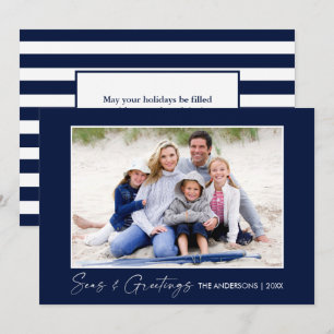 Calligraphy Ink Seas and Greetings Photo Blue Holiday Card