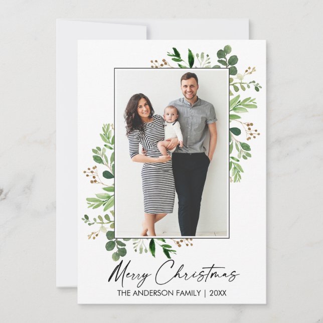 Calligraphy Ink Watercolor Greenery Christmas Holiday Card (Front)