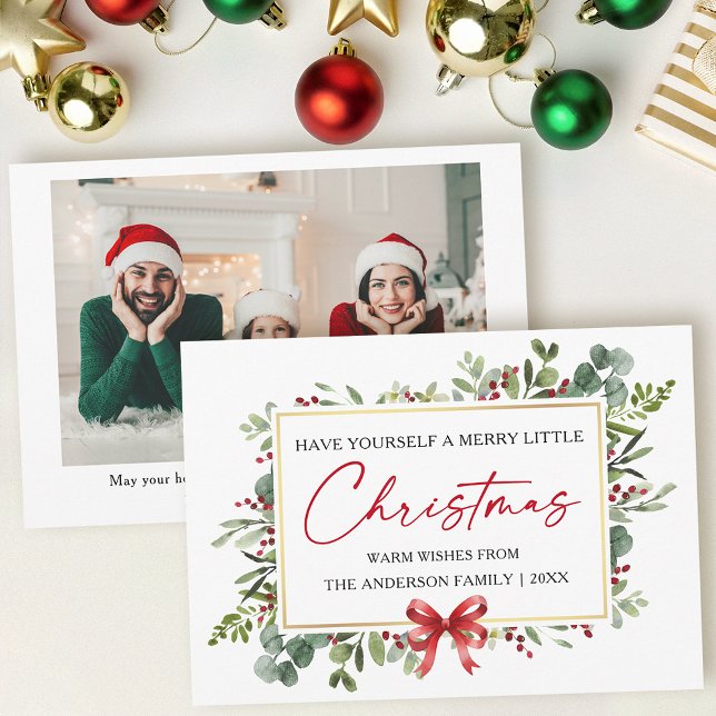 Calligraphy Ink Watercolor Greenery Red Bow Photo Holiday Card (Customize to change your personalized text size or text style.)