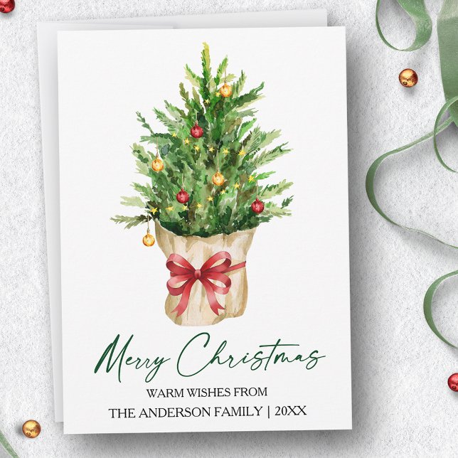 Calligraphy Ink Watercolor Pine Christmas Red Bow Holiday Card (Customize your change your personalized text size or text style.)