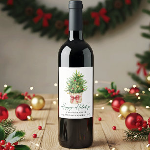 Calligraphy Ink Watercolor Pine Red Bow Holiday Wine Label