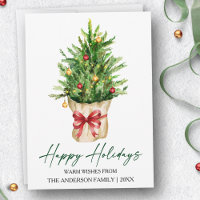 Calligraphy Ink Watercolor Pine Tree Red Bow
