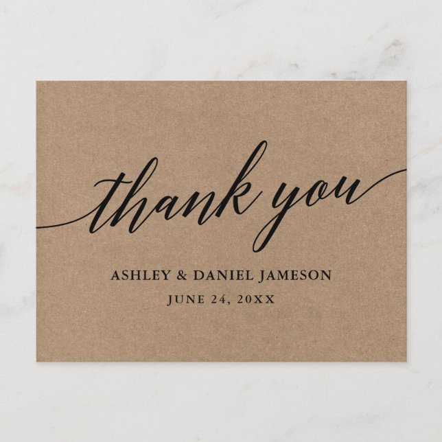 Calligraphy Kraft Wedding Thank You Postcard (Front)