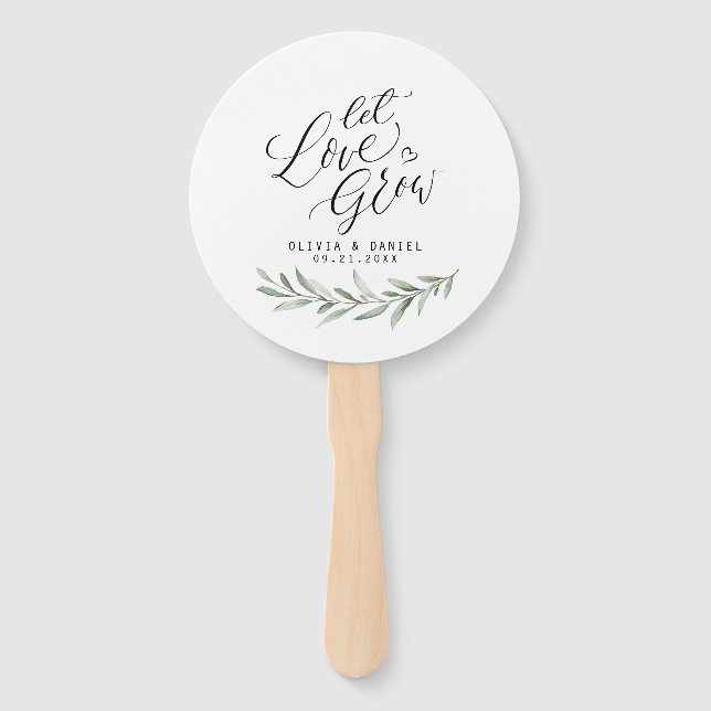 Calligraphy "Let Love Grow" Rustic Greenery Hand Fan (Front)