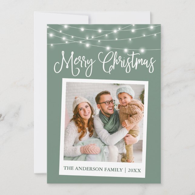 Calligraphy Lights Instant Camera Photo Sage Green Holiday Card (Front)
