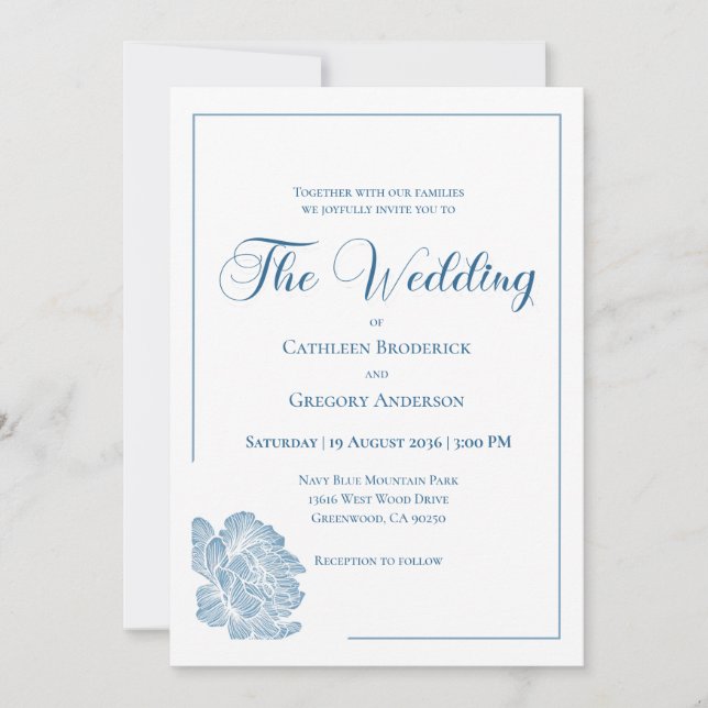 Calligraphy Line Art Dusty Blue Floral Wedding Invitation (Front)