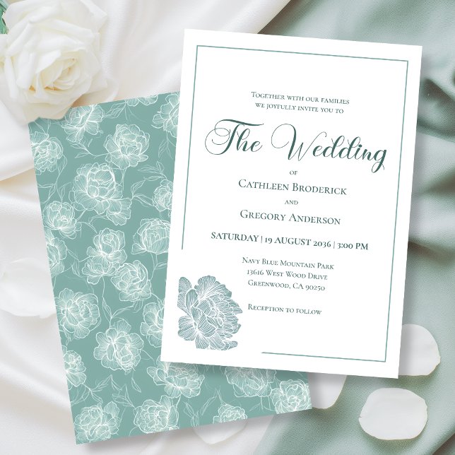 Calligraphy Line Art Sage Green Floral Wedding Invitation (Creator Uploaded)