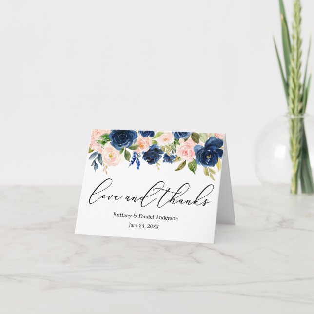 Calligraphy Love Thanks Blue Pink Floral Note Thank You Card (Front)