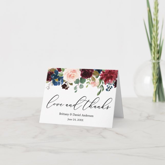 Calligraphy Love Thanks Burgundy Blue Floral Note Thank You Card (Front)