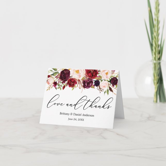 Calligraphy Love Thanks Burgundy Floral Note Thank You Card (Front)