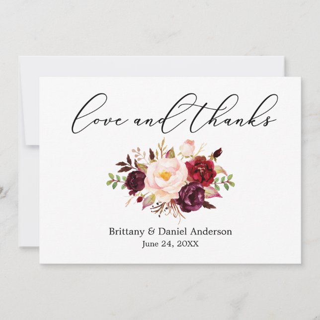 Calligraphy Love Thanks Floral Burgundy Thank You Card (Front)