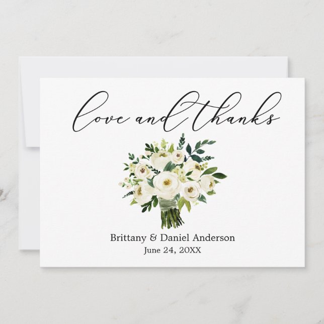 Calligraphy Love Thanks Green Floral Bouquet Thank You Card (Front)