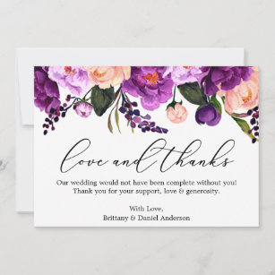 Calligraphy Love Thanks Purple Violet Floral Thank You Card
