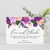 Calligraphy Love Thanks Purple Violet Floral Thank You Card (Standing Front)