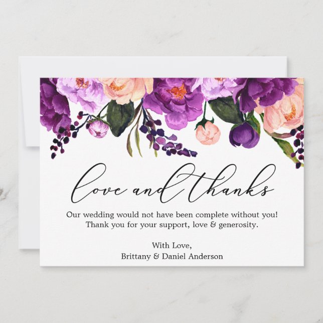 Calligraphy Love Thanks Purple Violet Floral Thank You Card (Front)