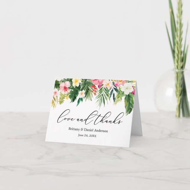 Calligraphy Love Thanks Tropical Pink Floral Note Thank You Card (Front)