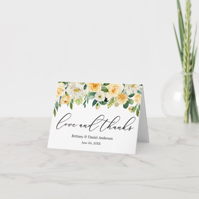 Calligraphy Love Thanks Yellow White Floral Note Thank You Card (Front)