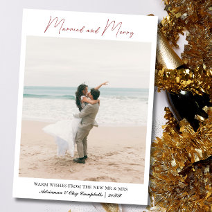 Calligraphy Married and Merry Deep Burgundy Holiday Card