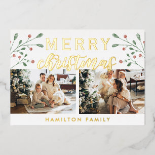 Calligraphy Merry Christmas Cherry Two Photo Foil Holiday Card