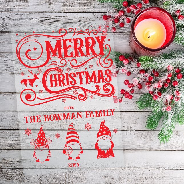 Calligraphy Merry Christmas Gnomes Family Greeting Acrylic Invitations (Vintage Calligraphy Look "Merry Christmas" and Cute Gnome Trio Christmas Holiday Clear Acrylic Card)
