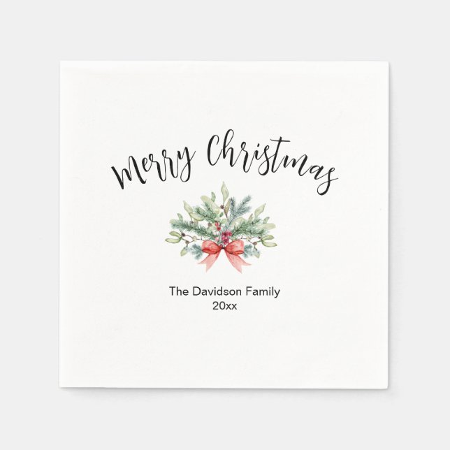 Calligraphy Merry Christmas Greenery Family Napkin (Front)