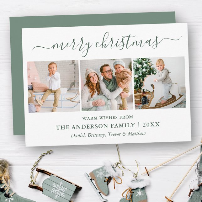 Calligraphy Merry Christmas Sage Green 3 Photo Holiday Card (Customize to change text size, style, color of back of card or to add text to back of card.)