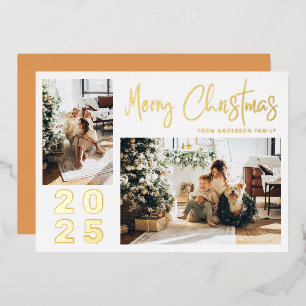Calligraphy Merry Christmas Two Family Photo Gold Foil Holiday Card