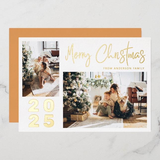 Calligraphy Merry Christmas Two Family Photo Gold Foil Holiday Card (Front/Back)