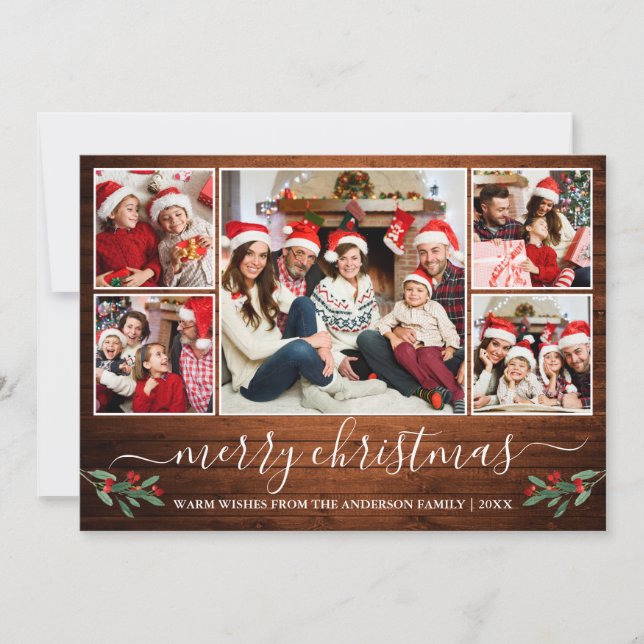 Calligraphy Merry Christmas Wood Holly 5 Photo Holiday Card (Front)