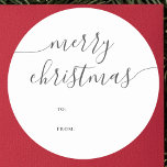 Calligraphy Minimalist Merry Christmas Gift Classic Round Sticker<br><div class="desc">Add a charming and personal touch to your holiday gifts with this delightful Christmas sticker. The heading "Merry Christmas" is elegantly designed in whimsical calligraphy, bringing a playful yet sophisticated feel to your presents. Below the greeting, convenient "To" and "From" fields allow you to effortlessly label your gifts with a...</div>