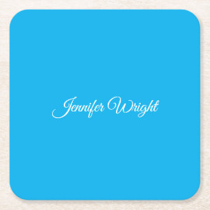 Calligraphy minimalist plain modern azure blue square paper coaster