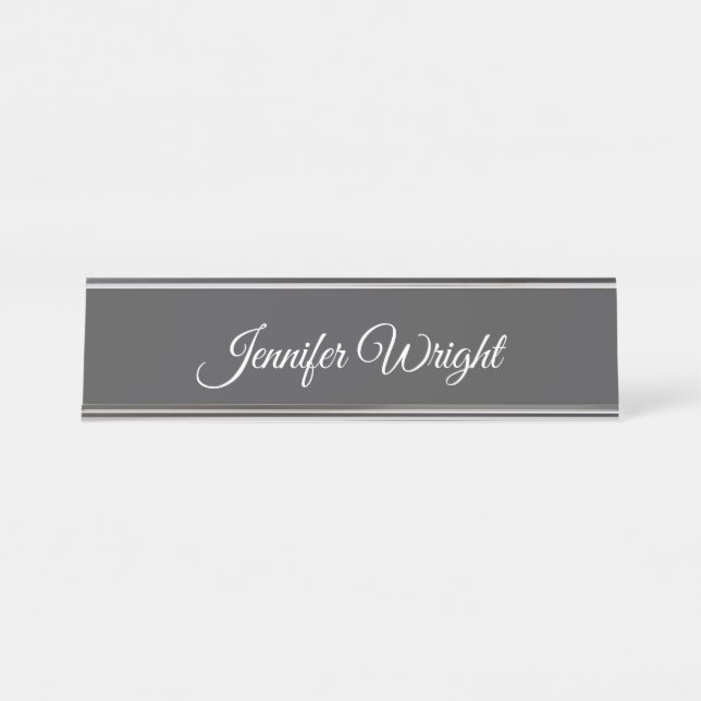 Calligraphy minimalist plain modern grey desk name plate (Front)