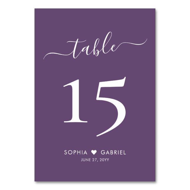 Calligraphy Minimalist Purple Wedding Double Sided Table Number (Front)