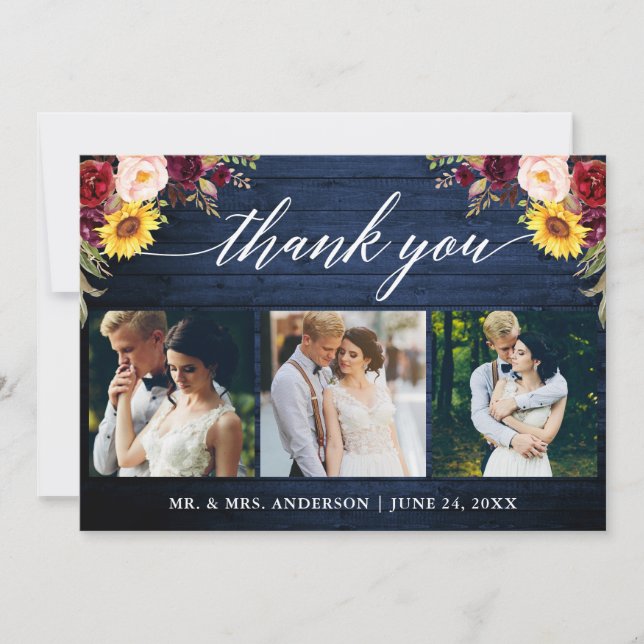 Calligraphy Mixed Floral Wedding Blue Wood Thank You Card (Front)