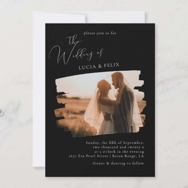 Calligraphy Modern Black Photo Wedding Invitation (Front)