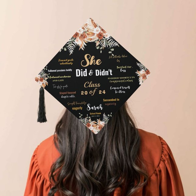 Calligraphy Modern Boho Floral she did and didn't  Graduation Cap Topper (Creator Uploaded)