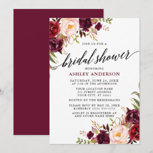 Calligraphy Modern Burgundy Floral Bridal Shower Invitation